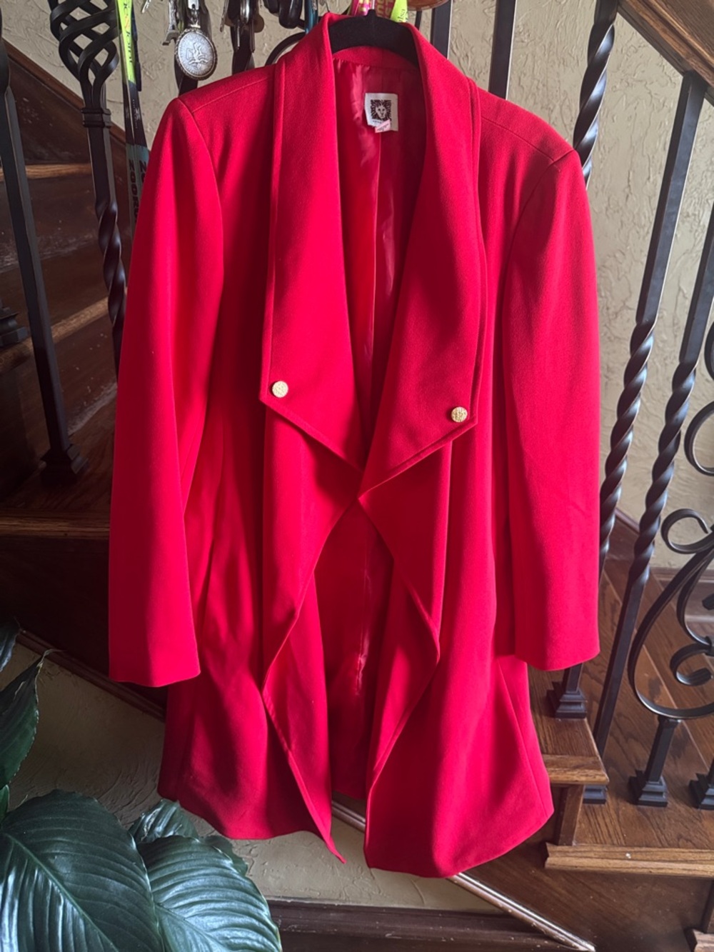Anne Klein Red Draped Open-Front Blazer with Gold Buttons